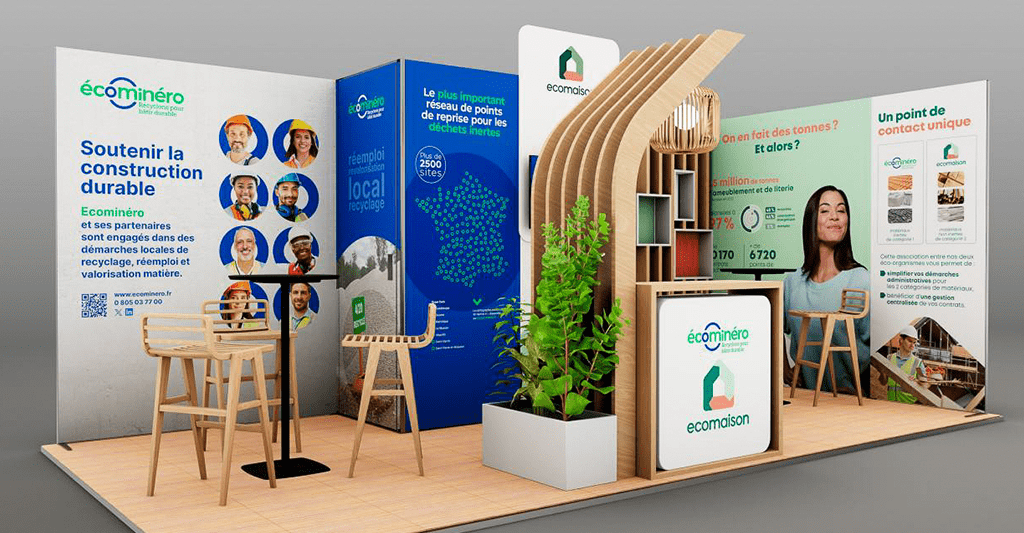 Ecomaison - Stand sur mesure réutilisable - Vue 3D -Nordbat 2024 - Lille, France